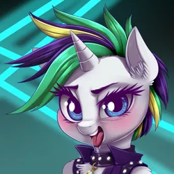 Size: 1300x1300 | Tagged: suggestive, artist:dankflank, derpibooru import, edit, rarity, pony, unicorn, it isn't the mane thing about you, alternate hairstyle, avatar, blushing, choker, cropped, drool, explicit source, female, gene simmons, kiss (band), looking at you, mare, punk, raripunk, simple background, solo, solo female, tongue out