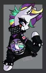 Size: 1512x2398 | Tagged: safe, artist:marziqan, derpibooru import, rarity, unicorn, it isn't the mane thing about you, alternate hairstyle, clothes, dead kennedys, ear piercing, eyeshadow, female, jacket, leather jacket, looking at you, looking back, makeup, mare, piercing, punk, raripunk, smiling, solo