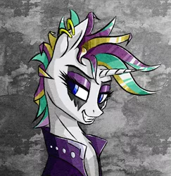 Size: 634x652 | Tagged: safe, artist:akweer, derpibooru import, rarity, pony, unicorn, it isn't the mane thing about you, alternate hairstyle, clothes, corpse paint, ear piercing, eyeshadow, female, jacket, makeup, mare, piercing, punk, raripunk, solo