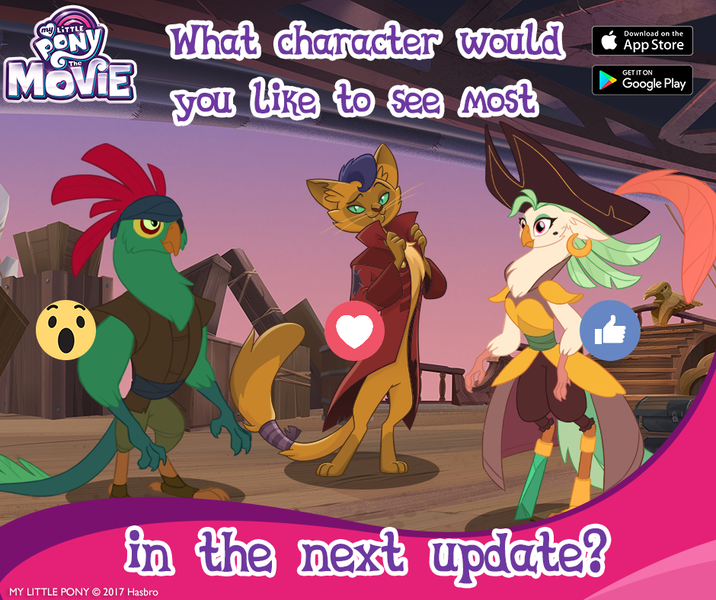 Size: 940x788 | Tagged: abyssinian, amputee, anthro, bird, capper dapperpaws, captain celaeno, cat, derpibooru import, digitigrade anthro, facebook, facebook reactions, gameloft, mullet (character), my little pony: the movie, parrot, parrot pirates, peg leg, pirate, prosthetic leg, prosthetic limb, prosthetics, safe