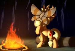 Size: 2340x1592 | Tagged: safe, artist:otakuap, derpibooru import, applejack, oc, oc:fluffy the bringer of darkness, earth pony, giant moth, insect, moth, pony, animal, applejack's hat, bonfire, campfire, covering, cowboy hat, facemoth, female, fire, giant insect, hat, log, mare, raised hoof, rearing, remake