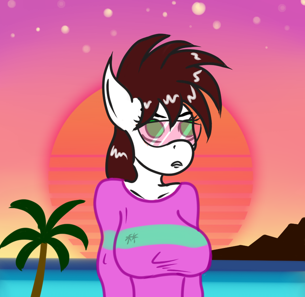 Size: 889x866 | Tagged: 80s, 80's fashion, aesthetics, anthro, anthro oc, artist:astardragon, beach, breasts, clothes, derpibooru import, female, glasses, new retro wave, oc, ocean, oc:skorpionletun, rule 63, safe, shirt, solo, sun, t-shirt, unofficial characters only