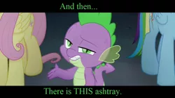 Size: 960x540 | Tagged: and then there's this asshole, caption, derpibooru import, dragon, dreamworks face, edit, fluttershy, image macro, meme, my little pony: the movie, rainbow dash, reaction image, safe, spike, text
