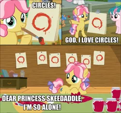 Size: 1200x1124 | Tagged: safe, derpibooru import, edit, edited screencap, screencap, kettle corn, earth pony, pony, marks and recreation, caption, circle, circle painting, female, filly, foal, i'm so alone, image macro, meme, strawberry jam, text, that pony sure does love circles