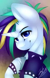 Size: 644x1000 | Tagged: safe, artist:jacobdawz, derpibooru import, rarity, unicorn, it isn't the mane thing about you, alternate hairstyle, bust, female, heart eyes, portrait, punk, raripunk, signature, solo, unshorn fetlocks, wingding eyes