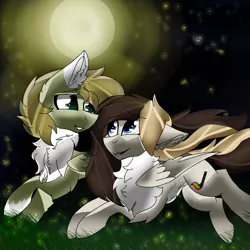 Size: 2560x2560 | Tagged: safe, artist:brokensilence, derpibooru import, oc, oc:auctor, oc:misty serenity, unofficial characters only, firefly (insect), insect, pegasus, pony, eye contact, freckles, full moon, looking at each other, mistor, moon, night, running, shipping, windswept mane