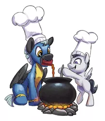 Size: 854x982 | Tagged: safe, artist:tsitra360, derpibooru import, rumble, thunderlane, pegasus, pony, marks and recreation, brothers, cauldron, chef's hat, clothes, colt, cooking, duo, fire, hat, hug, looking at you, looking down, male, mouth hold, pouring, siblings, simple background, smiling, stallion, stirring, uniform, white background, wonderbolts uniform
