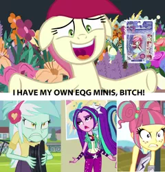 Size: 1280x1336 | Tagged: safe, derpibooru import, edit, edited screencap, screencap, aria blaze, lyra heartstrings, roseluck, sour sweet, all's fair in love and friendship games, equestria girls, friendship games, it isn't the mane thing about you, rainbow rocks, caption, doll, equestria girls minis, floppy ears, image macro, meme, text, toy, vulgar