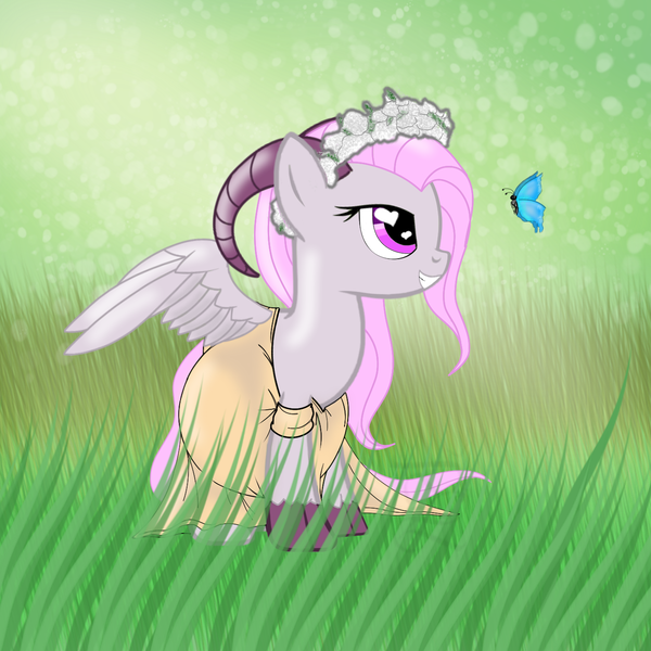 Size: 1366x1366 | Tagged: artist:pregnancylove, butterfly, clothes, derpibooru import, dress, floral head wreath, flower, hybrid, interspecies offspring, meadow, multiple pregnancy, oc, oc:beryl (discoshy), offspring, parent:discord, parent:fluttershy, parents:discoshy, pregnant, safe, solo, unofficial characters only