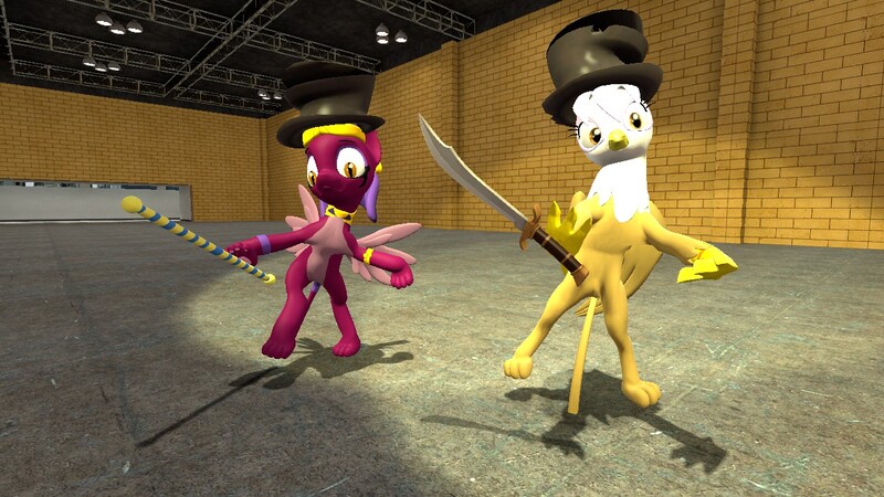 Size: 1280x720 | Tagged: safe, artist:horsesplease, derpibooru import, gilda, sphinx (character), gryphon, sphinx, 3d, bipedal, dancing, gmod, hat, i've seen some shit, pole, scimitar, spotlight, spread wings, sword, tap dancing, thousand yard stare, top hat, weapon, wings