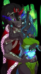 Size: 1000x1780 | Tagged: safe, artist:tyelle, derpibooru import, king sombra, queen chrysalis, anthro, changeling, changeling queen, unicorn, armpits, chrysombra, crystal heart, female, male, p<3nies, shipping, stallion, straight