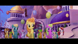 Size: 480x270 | Tagged: safe, derpibooru import, screencap, amethyst star, cantaloupe (character), cornsilk, dawn sunrays, linky, nougat praliné, shoeshine, toadstool blossom, unnamed character, unnamed pony, earth pony, pony, unicorn, my little pony: the movie, animated, background pony, background pony audience, balloon, canterlot, clones, female, festival of friendship, gif, letterboxing, male, marching, mare, singing, stallion, underhoof, waterfall, we got this together