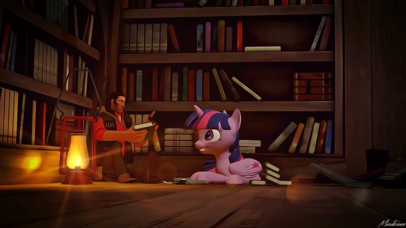 Size: 1191x670 | Tagged: 3d, alicorn, book, bookshelf, crossover, derpibooru import, library, night, safe, sniper, source filmmaker, team fortress 2, twilight sparkle, twilight sparkle (alicorn)