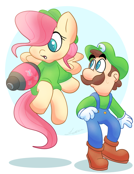 Size: 2550x3300 | Tagged: artist:dog22322, barely pony related, cap, clothes, crossover, crossover shipping, derpibooru import, fanart mashup challenge, female, fluttershy, flying, hat, luigi, luigi's hat, luigishy, male, mario + rabbids kingdom battle, safe, shipping, simple background, straight, super mario bros., weapon, white background