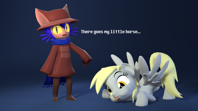 Size: 1920x1080 | Tagged: safe, artist:camchao, derpibooru import, derpy hooves, pegasus, pony, 3d, crossover, derp, duo, female, looking at you, mare, niko (oneshot), oneshot, puffy cheeks, source filmmaker, tongue out