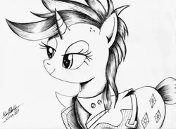 Size: 2238x1651 | Tagged: safe, artist:3500joel, derpibooru import, rarity, pony, unicorn, it isn't the mane thing about you, alternate hairstyle, clothes, female, mare, monochrome, punk, raripunk, signature, solo, traditional art