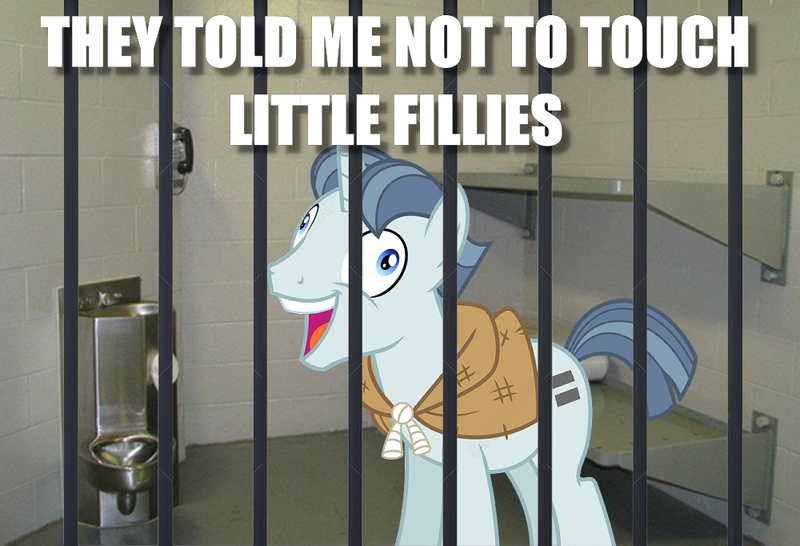 Size: 1000x682 | Tagged: grimdark, questionable, derpibooru import, party favor, pony, unicorn, caption, equal cutie mark, equalized, exploitable meme, i didn't listen, image macro, implied foalcon, implied molestation, jail, justice, karma, meme, solo, text, this ended in jail time