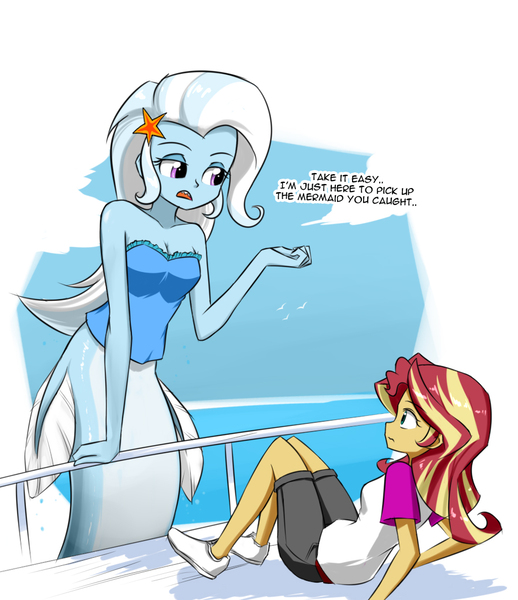 Size: 896x1037 | Tagged: safe, artist:twilite-sparkleplz, derpibooru import, part of a set, sunset shimmer, trixie, mermaid, sunset's fantastic fishing, equestria girls, legend of everfree, boat, camp everfree outfits, clothes, dialogue, female, image, jpeg, lesbian, mermaidized, part of a series, shipping, shirt, shorts, species swap, suntrix, water