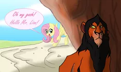 Size: 1024x605 | Tagged: safe, artist:thelastalicorn, derpibooru import, fluttershy, pony, crossover, fanart mashup challenge, pride rock, scar (the lion king), the lion king, this will end in death, this will end in tears, this will end in tears and/or death