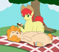 Size: 1280x1134 | Tagged: safe, artist:astr0zone, derpibooru import, bright mac, pear butter, applejack's parents, brightbutter, chubby, duo, eating, fat, fat fetish, feedee, feeder, feeding, female, fetish, food, male, picnic, pie, shipping, straight, tree, weight gain