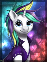 Size: 3000x4000 | Tagged: safe, artist:deltahedgehog, derpibooru import, rarity, pony, unicorn, it isn't the mane thing about you, alternate hairstyle, clothes, cute, female, gradient background, heart, high res, looking at you, punk, raripunk, short hair, solo