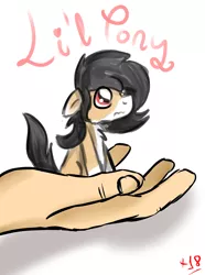 Size: 1048x1412 | Tagged: safe, artist:euspuche, derpibooru import, oc, oc:liliya krasnyy, unofficial characters only, earth pony, human, pony, comic:li'l pony, comic, female, hand, in goliath's palm, looking up, micro, simple background, size difference, white background