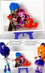 Size: 850x1381 | Tagged: safe, artist:whatthehell!?, derpibooru import, edit, adagio dazzle, flash sentry, sunset shimmer, twilight sparkle, equestria girls, boots, cheater, clothes, coat, doll, equestria girls minis, eqventures of the minis, fight, fury, glasses, guitar, irl, musical instrument, pencil, photo, shoes, spanish, sunset sushi, toy, tuxedo
