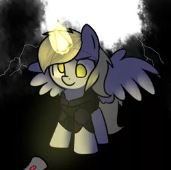 Size: 1298x1290 | Tagged: safe, artist:neuro, derpibooru import, derpy hooves, alicorn, pegasus, pony, my little pony: the movie, alicornified, armor, derpicorn, evil, female, flashlight (object), glowing horn, horn, mare, race swap, solo, xk-class end-of-the-world scenario