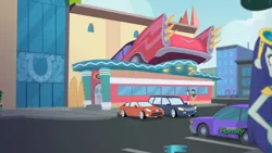 Size: 1366x768 | Tagged: safe, derpibooru import, screencap, blueberry cake, indigo wreath, velvet sky, coinky-dink world, eqg summertime shorts, equestria girls, 1950's, 50's, architecture, background human, building, canterlot city, car, diner, road, sweet snacks cafe