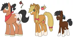 Size: 2913x1512 | Tagged: safe, artist:pharaohkieru, derpibooru import, oc, oc:autumn glory, oc:honeycrisp, oc:roxbury russet, unofficial characters only, earth pony, pony, bandana, blank flank, blaze (coat marking), bow, coat markings, cowboy hat, cutie mark, female, filly, hair bow, hat, male, mare, offspring, parent:applejack, parent:troubleshoes clyde, parents:troublejack, siblings, socks (coat marking), stallion, stetson, tail bow, trio