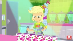 Size: 1280x720 | Tagged: safe, derpibooru import, screencap, applejack, eqg summertime shorts, equestria girls, shake things up!, blender (object), clothes, cup, female, hairnet, hat, smiling, solo, youtube link