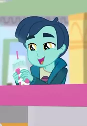 Size: 310x447 | Tagged: safe, derpibooru import, screencap, henry handle, manestrum, eqg summertime shorts, equestria girls, shake things up!, background human, cropped, drink, male, smiling, solo