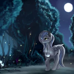 Size: 3200x3200 | Tagged: safe, artist:pony-way, derpibooru import, oc, oc:white cloud, unofficial characters only, firefly (insect), insect, pegasus, pony, female, forest, headphones, mare, moon, night, path, scenery, solo, tree