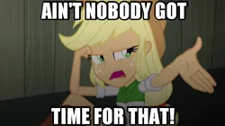 Size: 600x337 | Tagged: safe, artist:haleyc4629, derpibooru import, screencap, applejack, equestria girls, rainbow rocks, ain't nobody got time for that, annoyed, caption, hurry, image macro, impatience, impatient, inspiration, meme, parody, solo, song reference, sweet brown, text, trapped, unimpressed