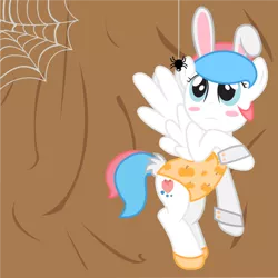 Size: 1024x1023 | Tagged: safe, artist:misspepperony, derpibooru import, oc, unofficial characters only, pegasus, pony, spider, blushing, bunny suit, clothes, cuffs (clothes), leotard, spider web