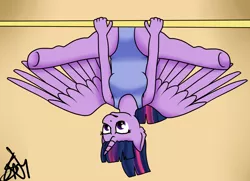 Size: 2000x1444 | Tagged: alicorn, anthro, artist:saturnstar14, clothes, derpibooru import, gymnast, gymnastics, leotard, safe, twilight sparkle, twilight sparkle (alicorn), uneven bars, unguligrade anthro, upside down