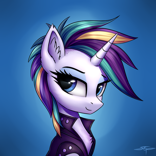 Size: 3000x3000 | Tagged: safe, artist:setharu, derpibooru import, rarity, pony, unicorn, it isn't the mane thing about you, alternate hairstyle, bust, chest fluff, clothes, cute, ear fluff, eyeshadow, female, lidded eyes, makeup, mare, multicolored hair, portrait, punk, raribetes, raripunk, signature, smiling, solo