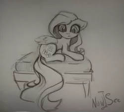 Size: 869x787 | Tagged: safe, artist:inowiseei, derpibooru import, fluttershy, pony, female, mare, monochrome, ottoman (furniture), signature, simple background, sketch, solo, traditional art