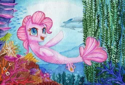 Size: 2195x1480 | Tagged: artist:0okami-0ni, coral, derpibooru import, fish, looking at you, my little pony: the movie, open mouth, pinkie pie, safe, seaponified, seapony (g4), seapony pinkie pie, smiling, solo, species swap, swimming, traditional art