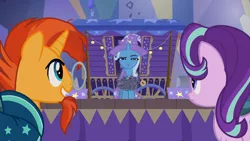 Size: 1920x1080 | Tagged: cape, caravan, chains, clothes, derpibooru import, hat, safe, screencap, solo, starlight glimmer, sunburst, trixie, trixie's cape, trixie's hat, trixie's wagon, uncommon bond, wagon