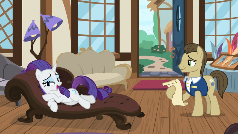 Size: 1920x1080 | Tagged: safe, derpibooru import, screencap, davenport, rarity, earth pony, pony, unicorn, it isn't the mane thing about you, fainting couch, female, lamp, male, mare, quill, quills and sofas, stallion