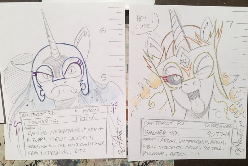 Size: 2048x1372 | Tagged: safe, artist:andypriceart, derpibooru import, daybreaker, nightmare moon, alicorn, pony, :c, ;p, >:c, andy you magnificent bastard, arson, arson murder and jaywalking, department of redundancy department, female, frown, grumpy, mare, mugshot, one eye closed, tongue out, traditional art, uss enterprise, wink