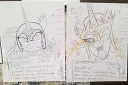 Size: 2048x1372 | Tagged: safe, artist:andypriceart, derpibooru import, daybreaker, nightmare moon, alicorn, pony, :c, ;p, >:c, andy you magnificent bastard, arson, arson murder and jaywalking, department of redundancy department, female, frown, grumpy, mare, mugshot, one eye closed, tongue out, traditional art, uss enterprise, wink