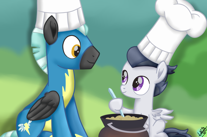 Size: 1350x893 | Tagged: safe, artist:liniitadash23, derpibooru import, rumble, thunderlane, pegasus, pony, marks and recreation, brothers, cauldron, chef, chef's hat, clothes, hat, male, siblings, sitting, stirring, uniform, wonderbolts uniform