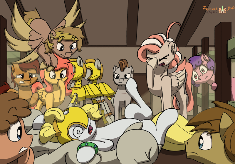 Size: 2500x1750 | Tagged: safe, artist:floofyfoxcomics, derpibooru import, oc, oc:peppermint mocha (pegasusjedi), oc:quickshot, oc:sarge, oc:sunlight days, unofficial characters only, pony, comic:a dash of peppermint, armor, barracks, clumsy, dazed, facehoof, mannequin, royal guard armor, story included