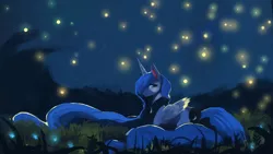 Size: 1920x1080 | Tagged: safe, artist:hierozaki, derpibooru import, princess luna, alicorn, firefly (insect), insect, pony, female, mare, missing accessory, night, smiling, solo