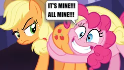 Size: 1920x1080 | Tagged: applejack, applepie, butt, butthug, butt touch, derpibooru import, edit, faceful of ass, female, hug, lesbian, pinkie hugging applejack's butt, pinkie pie, plot, safe, screencap, shadow play, shipping, speech bubble, this will end in pain, unamused