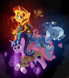 Size: 1536x1724 | Tagged: safe, artist:qzygugu, derpibooru import, starlight glimmer, sunset shimmer, trixie, pony, unicorn, book, cape, clothes, counterparts, cuffs (clothes), female, fiery shimmer, hat, mare, smiling, staff, starlight himmler, trio, trixie's cape, trixie's hat, twilight's counterparts, uniform