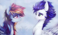 Size: 1064x644 | Tagged: dead source, safe, artist:dagnesmoon, derpibooru import, rainbow dash, soarin', pegasus, pony, female, looking at each other, male, shipping, smiling, soarindash, straight