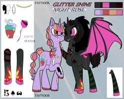 Size: 4100x3300 | Tagged: safe, artist:koatei, derpibooru import, oc, oc:glitter shine (ice1517), oc:night rose (ice1517), unofficial characters only, alicorn, bat pony, bat pony alicorn, unicorn, alicorn oc, bat wings, commission, cross, cute, eyebrow piercing, female, glasses, goth, horn, hug, lesbian, mare, oc x oc, one eye closed, piercing, pigtails, red and black oc, redesign, reference sheet, shipping, smiling, tattoo, tongue out, tongue piercing, twintails, wing piercing, wings, wink